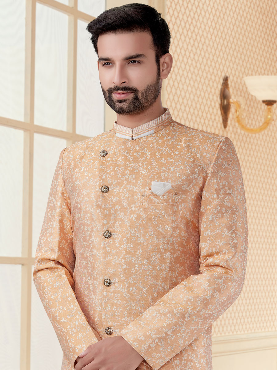Coral Pink Jacquard Embroidered Festival Sherwani
