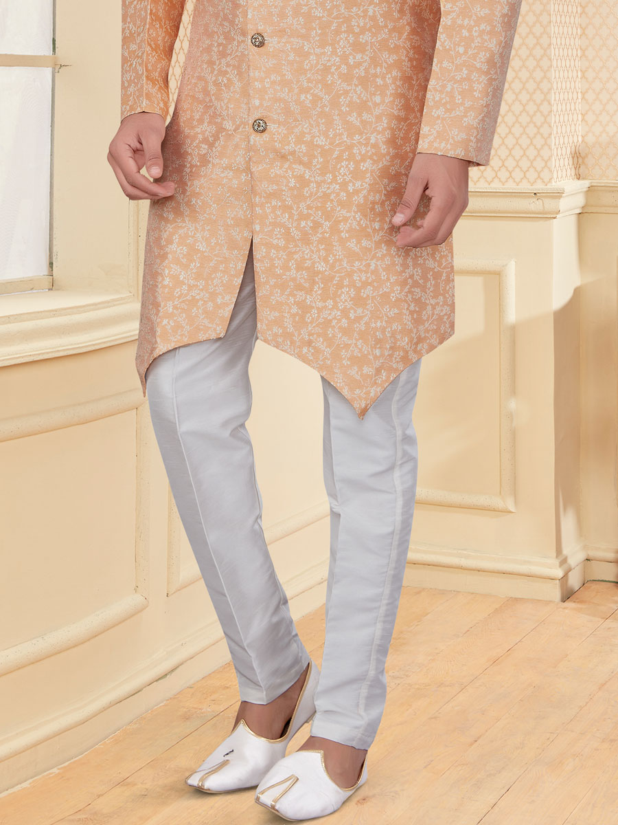 Coral Pink Jacquard Embroidered Festival Sherwani