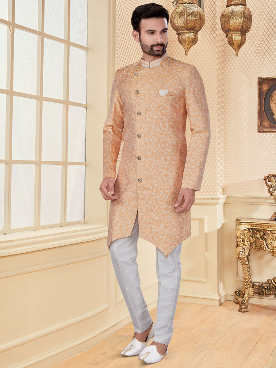 Coral Pink Jacquard Embroidered Festival Sherwani