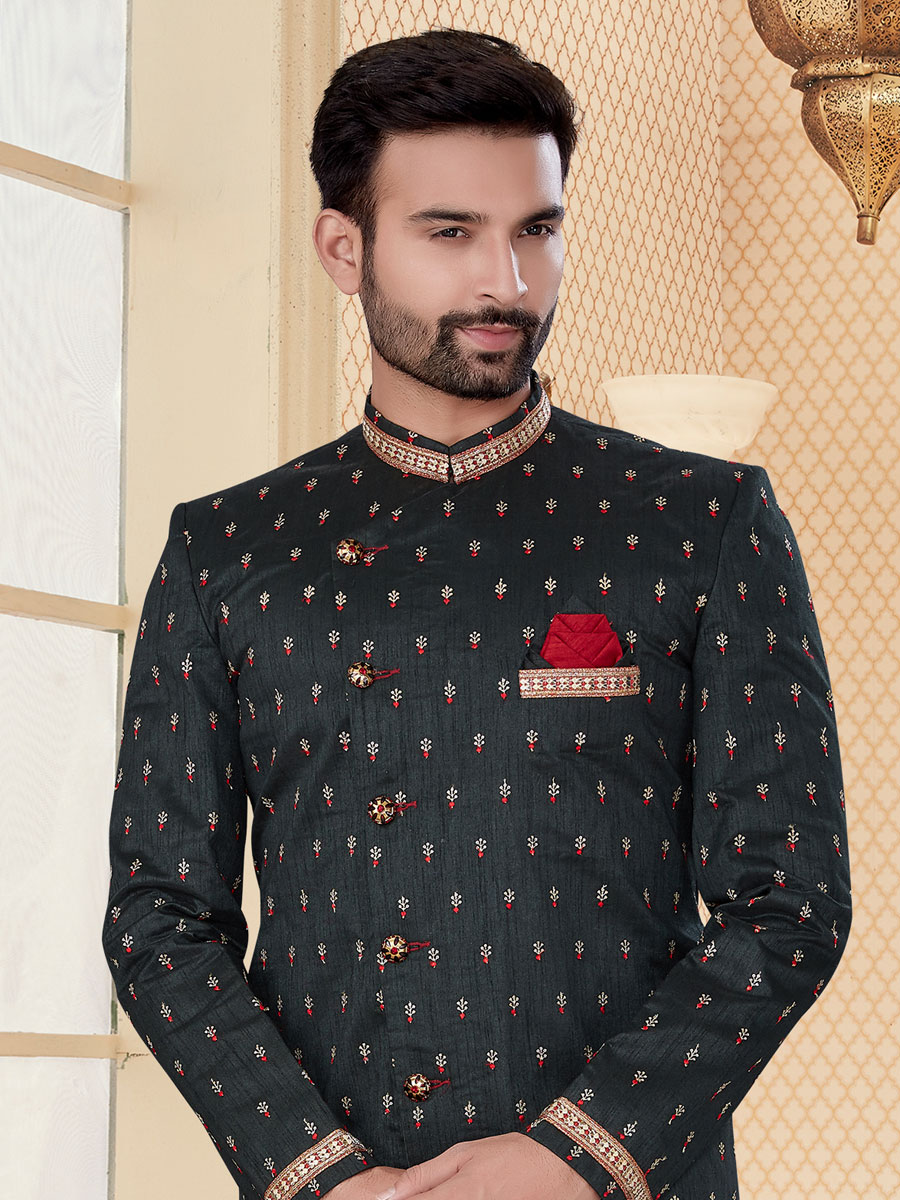 Black Jacquard Embroidered Festival Sherwani