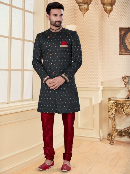 Black Jacquard Embroidered Festival Sherwani