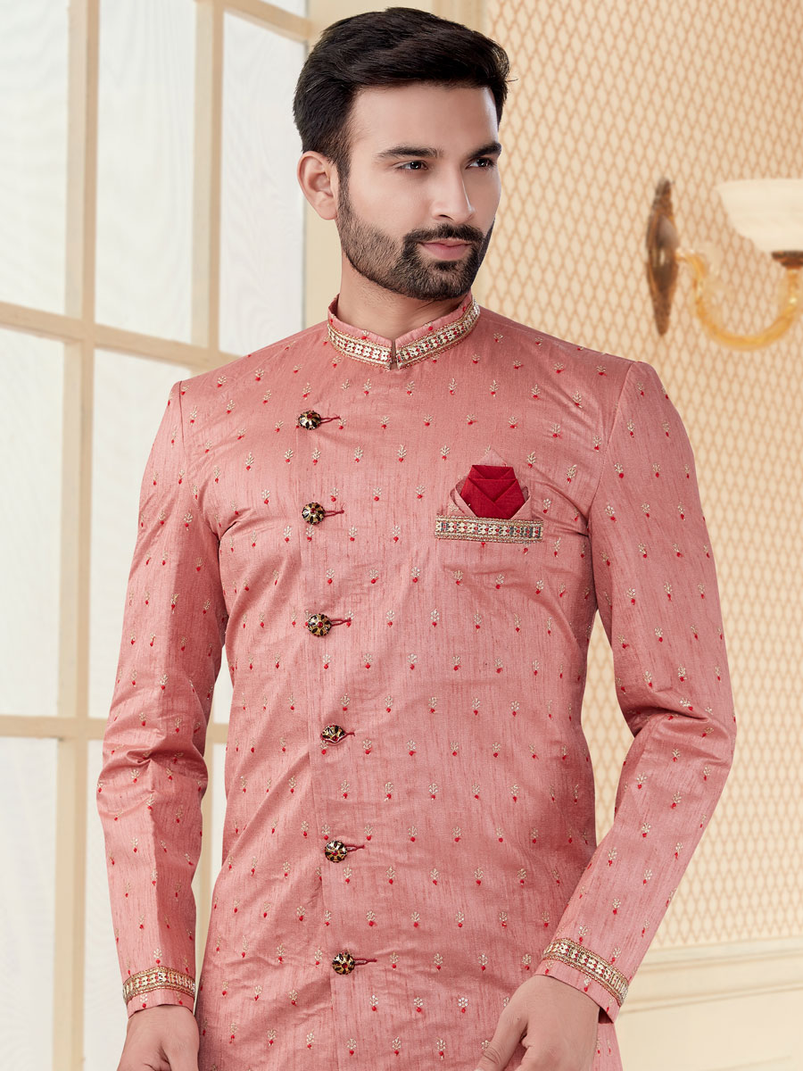 Light Thulian Pink Jacquard Embroidered Festival Sherwani