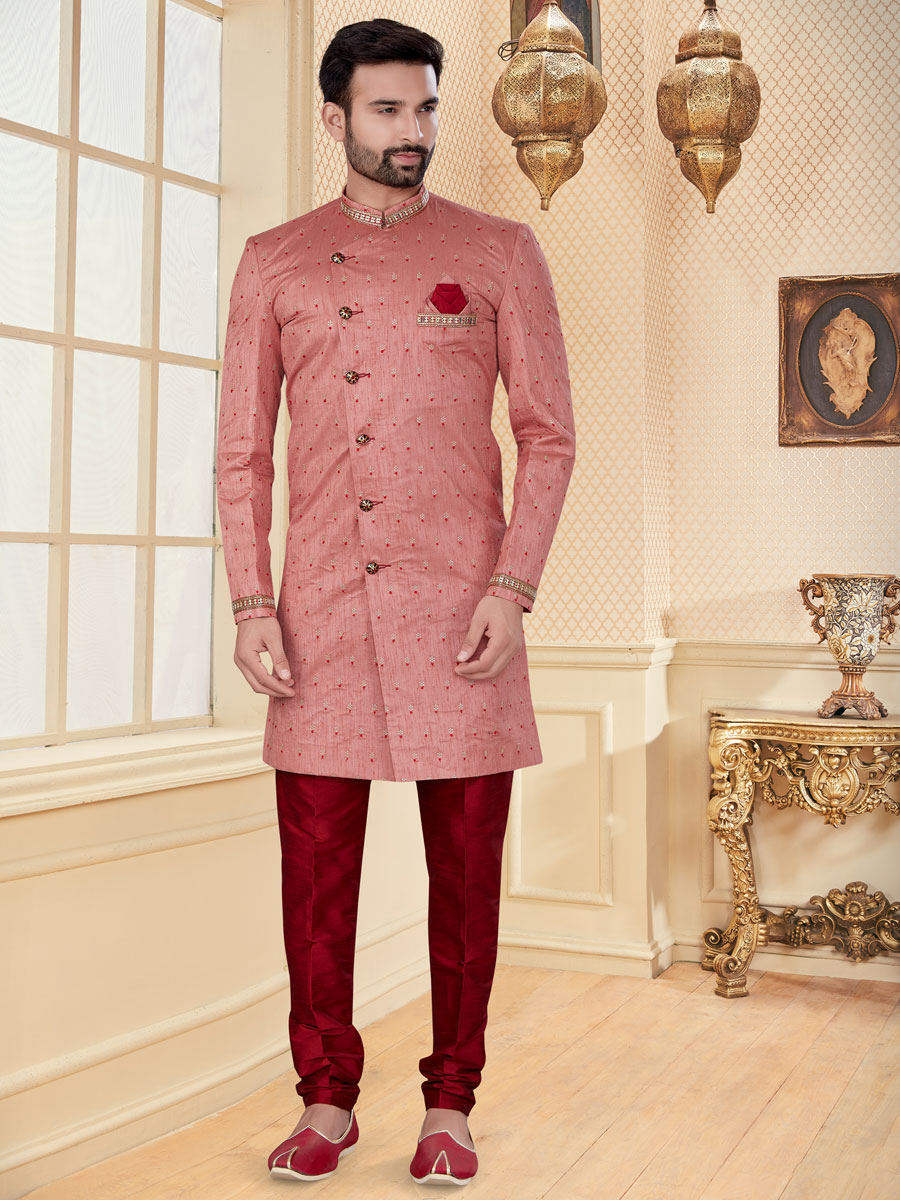 Light Thulian Pink Jacquard Embroidered Festival Sherwani