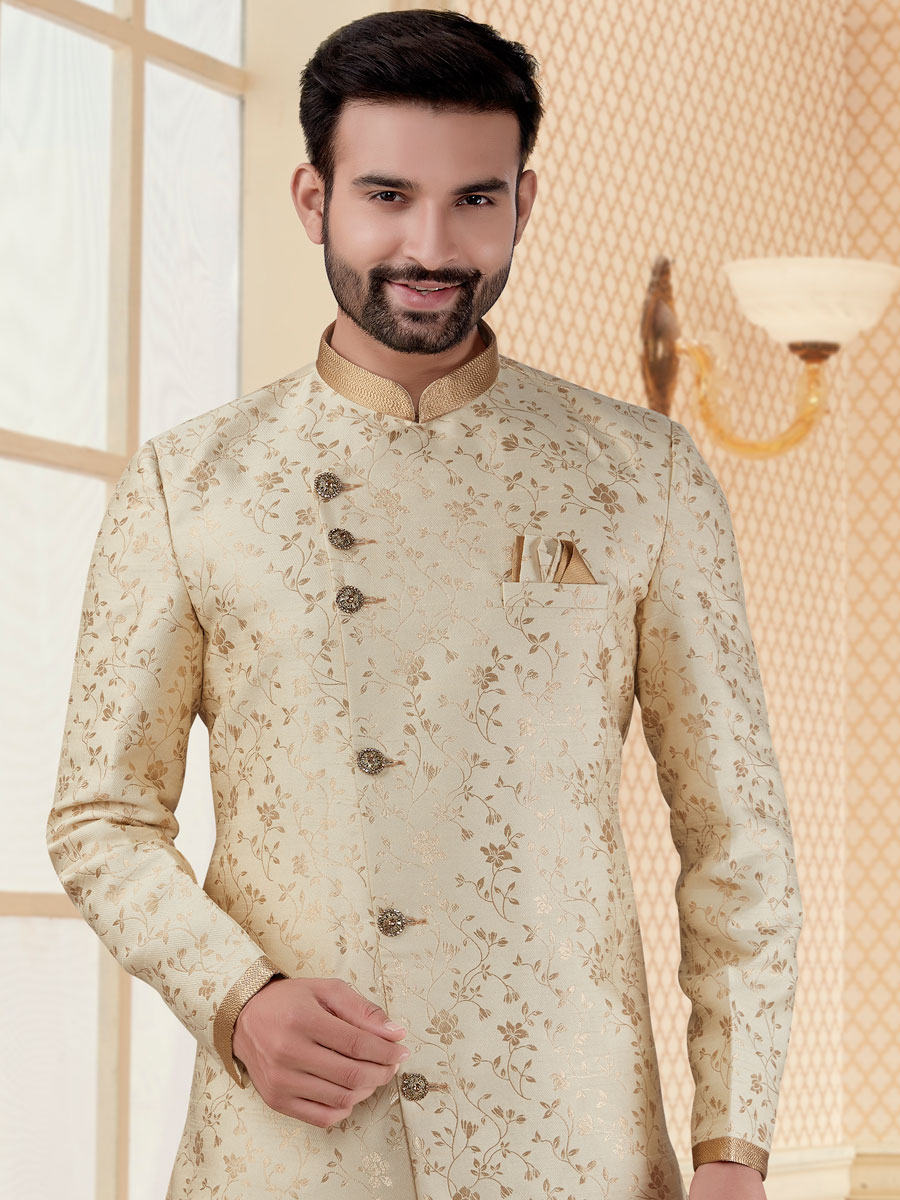 Cream Yellow Jacquard Embroidered Festival Sherwani