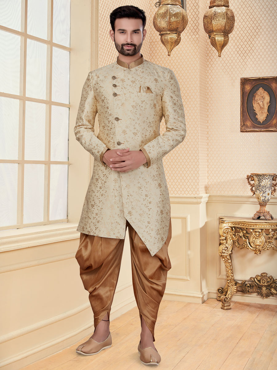 Cream Yellow Jacquard Embroidered Festival Sherwani