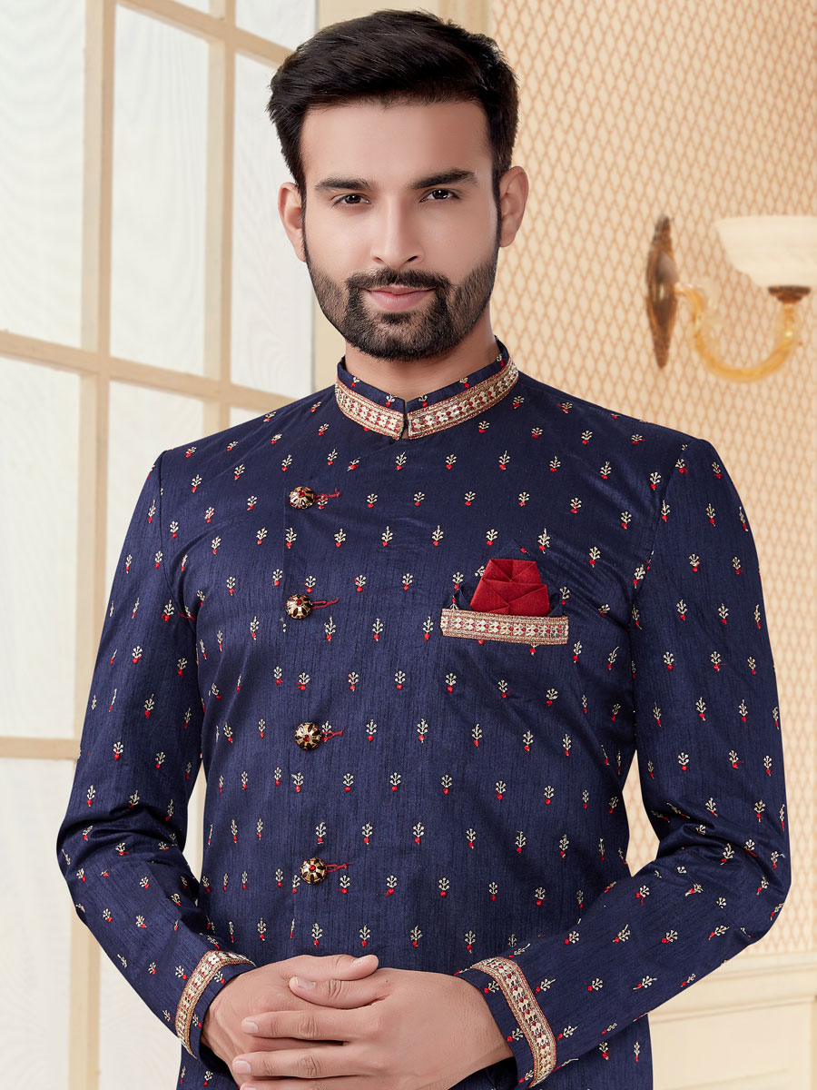 Navy Blue Jacquard Embroidered Festival Sherwani