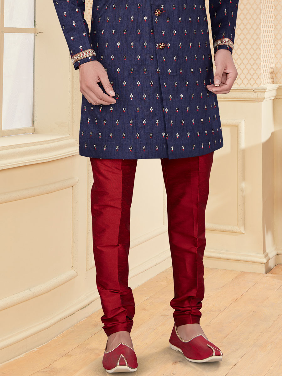 Navy Blue Jacquard Embroidered Festival Sherwani