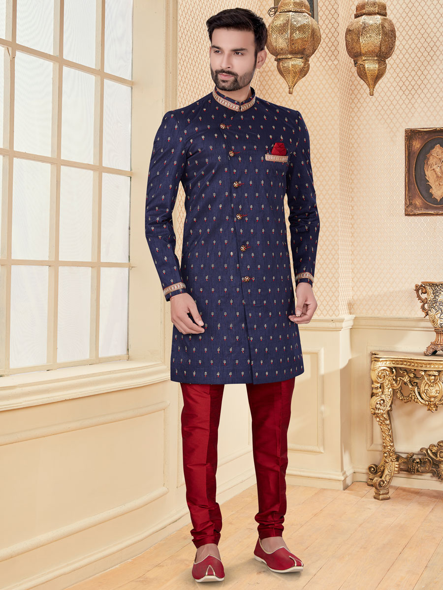 Navy Blue Jacquard Embroidered Festival Sherwani