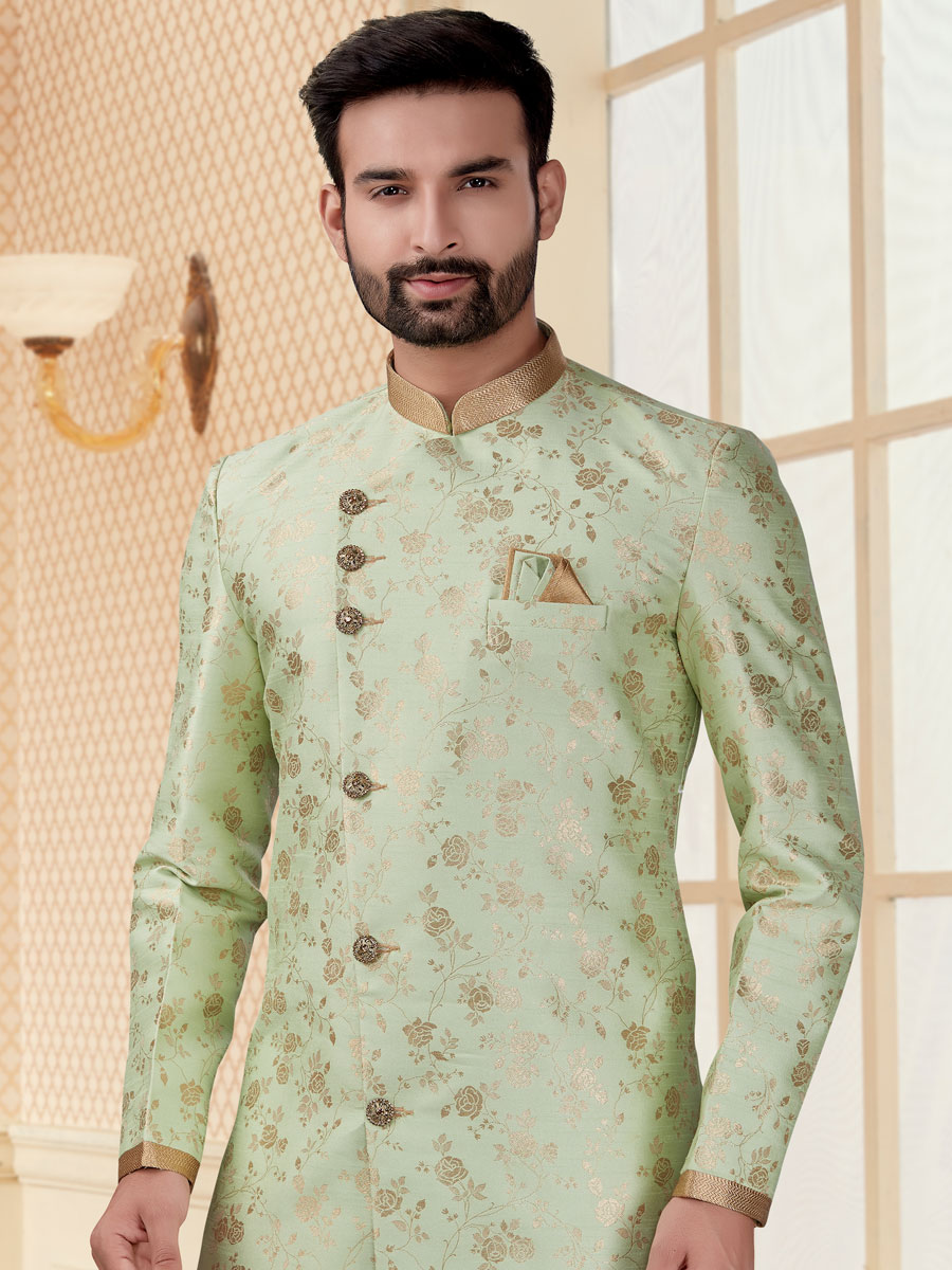 Tea Green Jacquard Handwoven Festival Sherwani