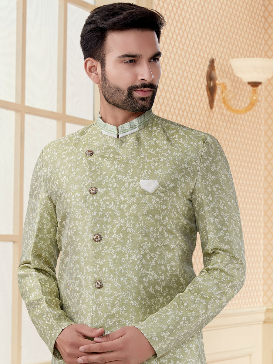 Light Green Jacquard Embroidered Festival Sherwani