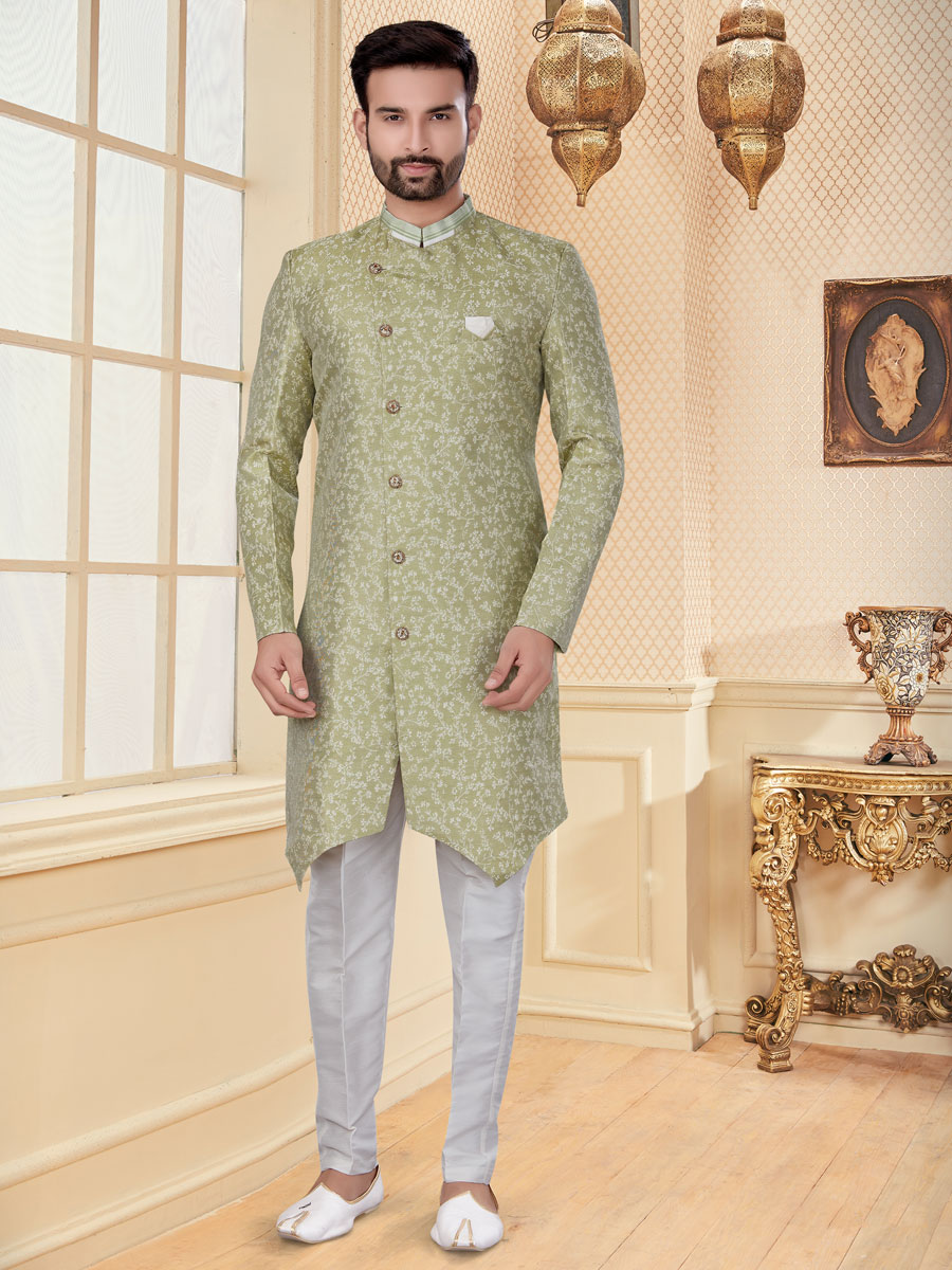 Light Green Jacquard Embroidered Festival Sherwani