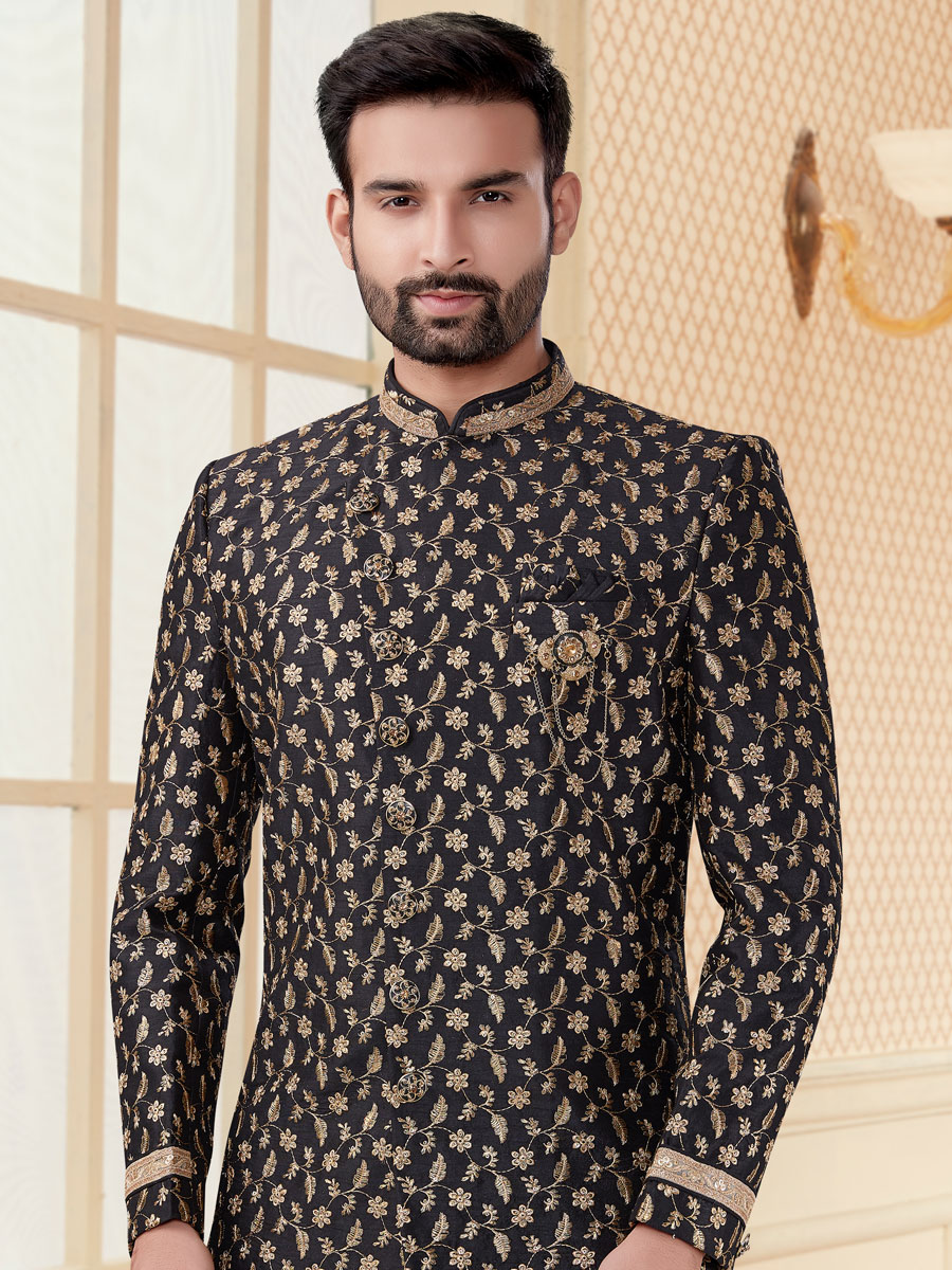 Black Jacquard Embroidered Festival Sherwani