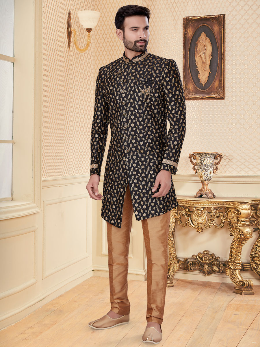 Black Jacquard Embroidered Festival Sherwani