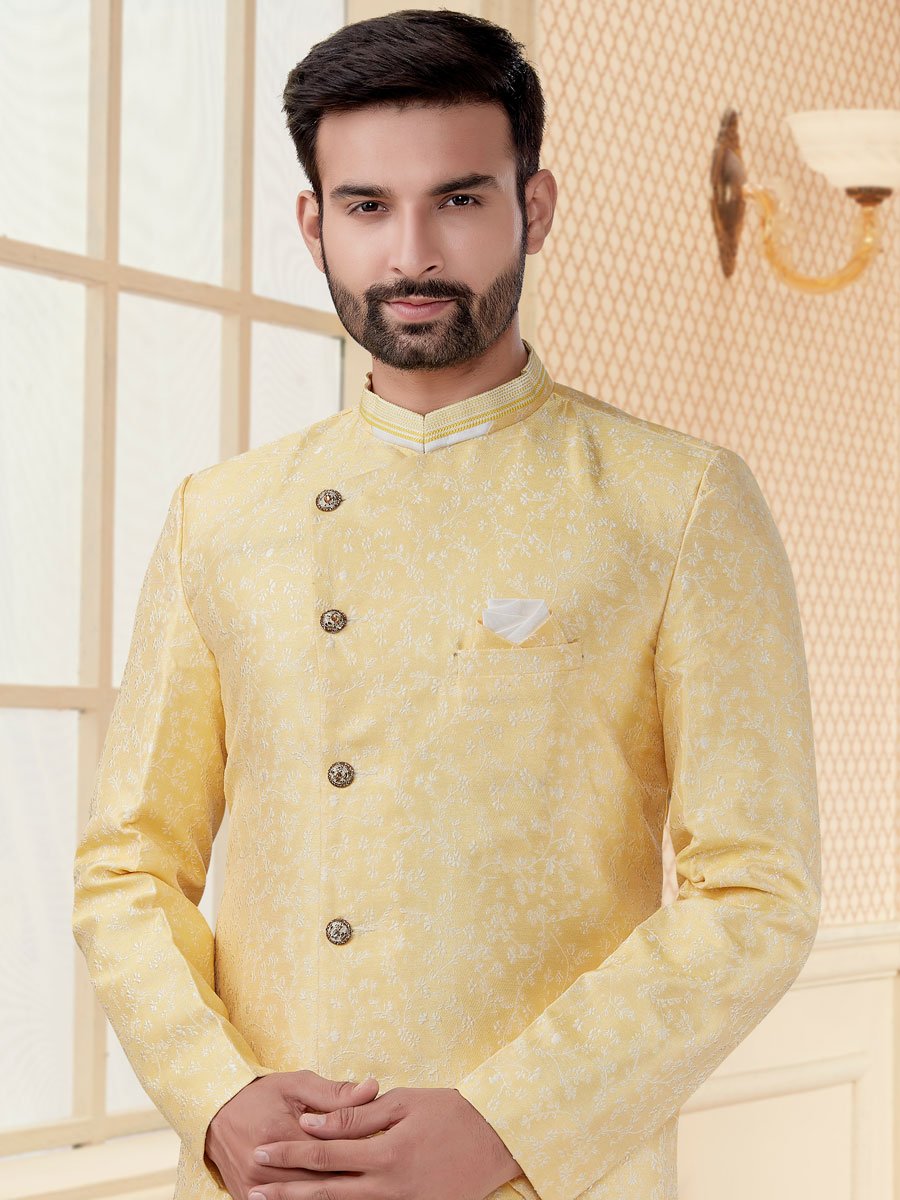 Cream Yellow Jacquard Embroidered Festival Sherwani