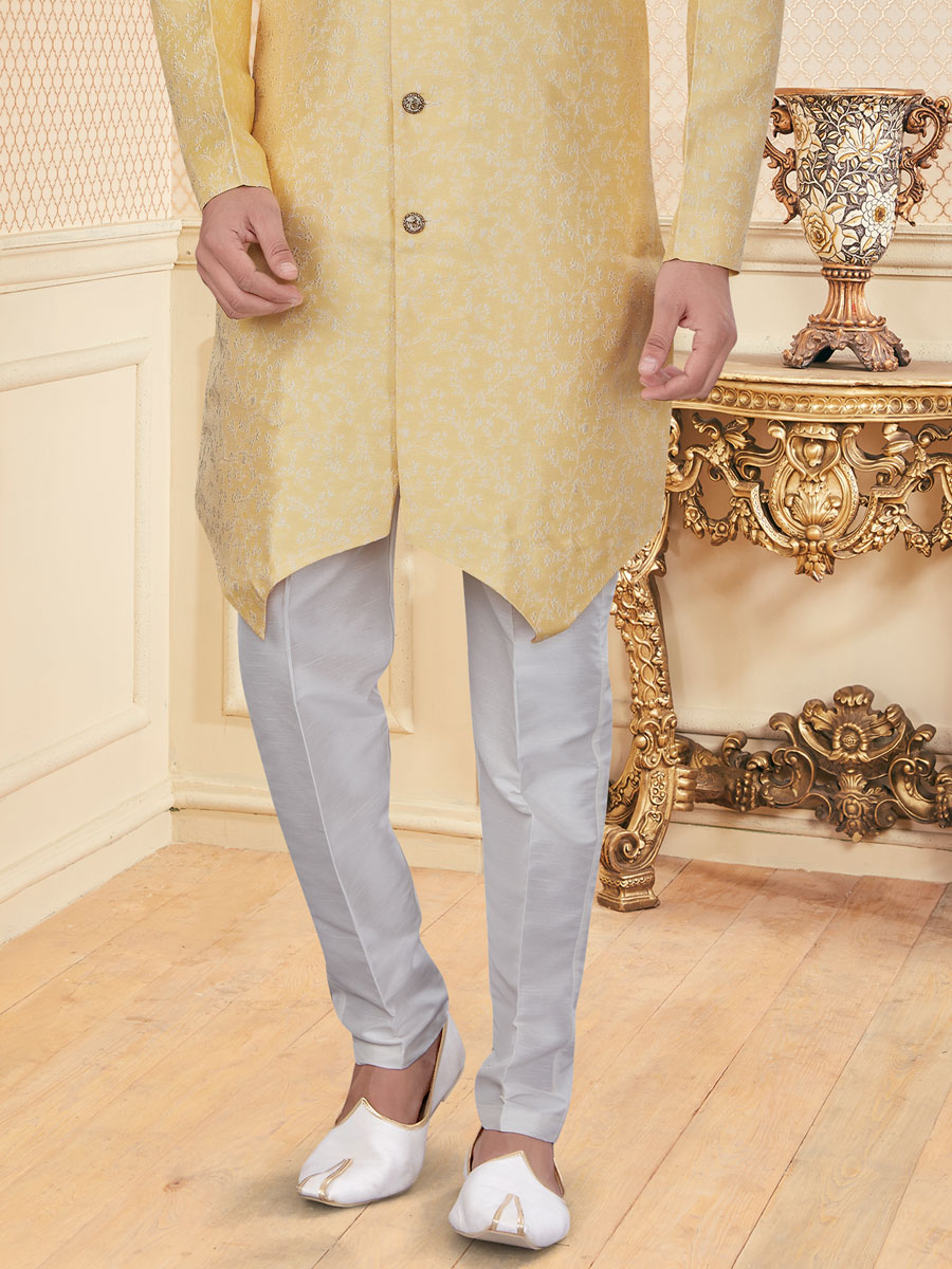 Cream Yellow Jacquard Embroidered Festival Sherwani