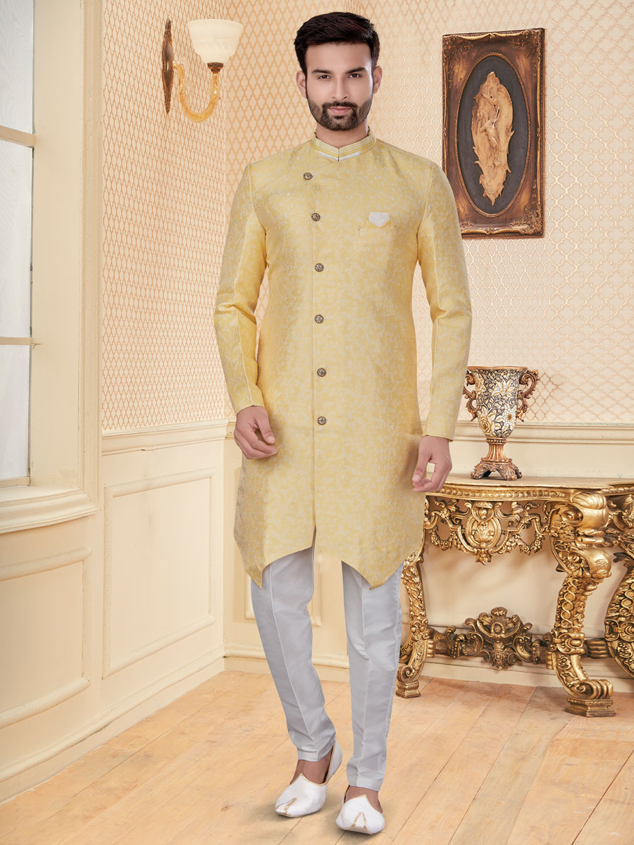 Cream Yellow Jacquard Embroidered Festival Sherwani