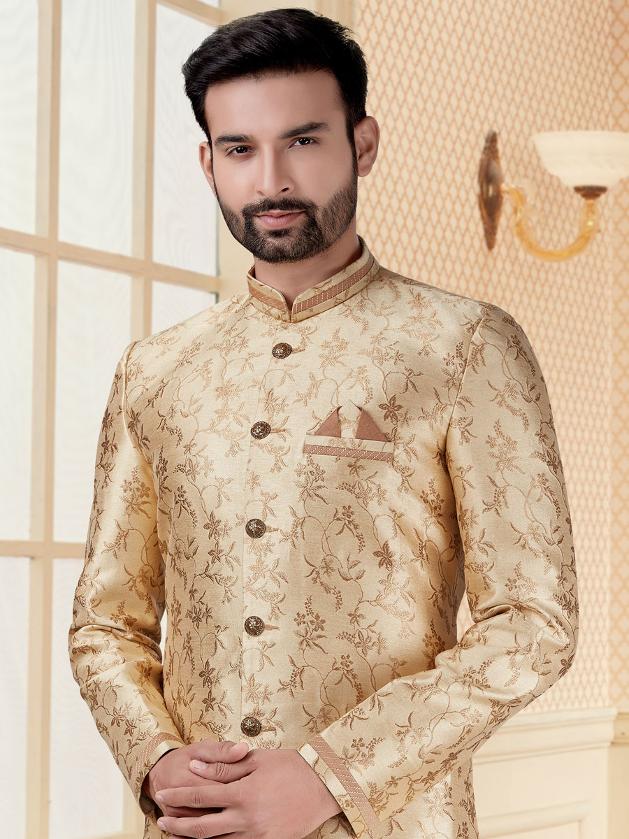 Golden Yellow Jacquard Handwoven Festival Sherwani