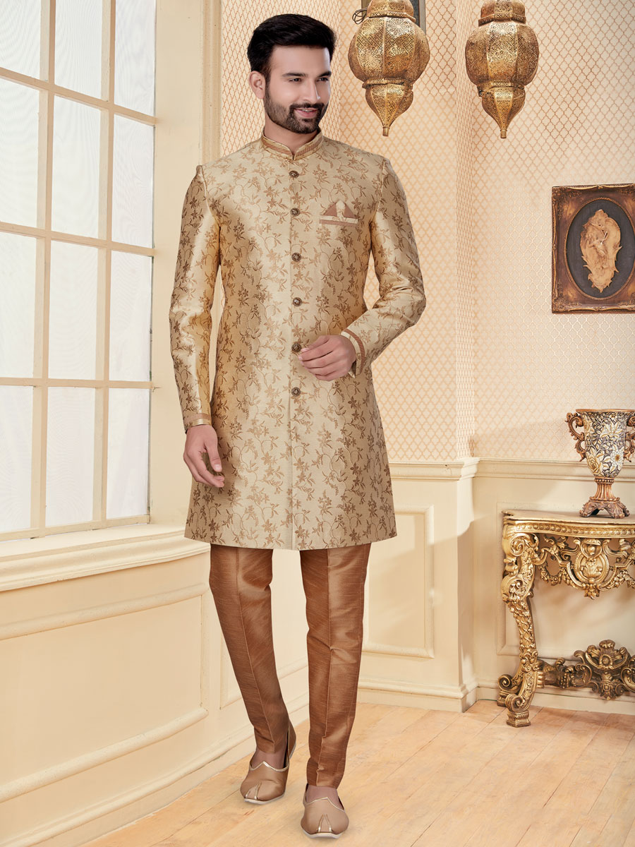 Golden Yellow Jacquard Handwoven Festival Sherwani