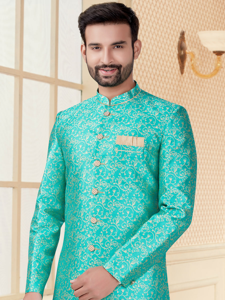 Robin-Egg Blue Jacquard Embroidered Festival Sherwani