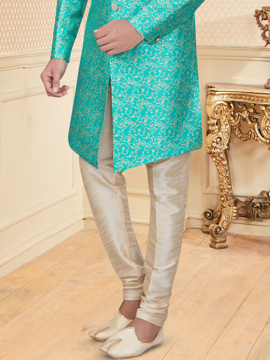 Robin-Egg Blue Jacquard Embroidered Festival Sherwani