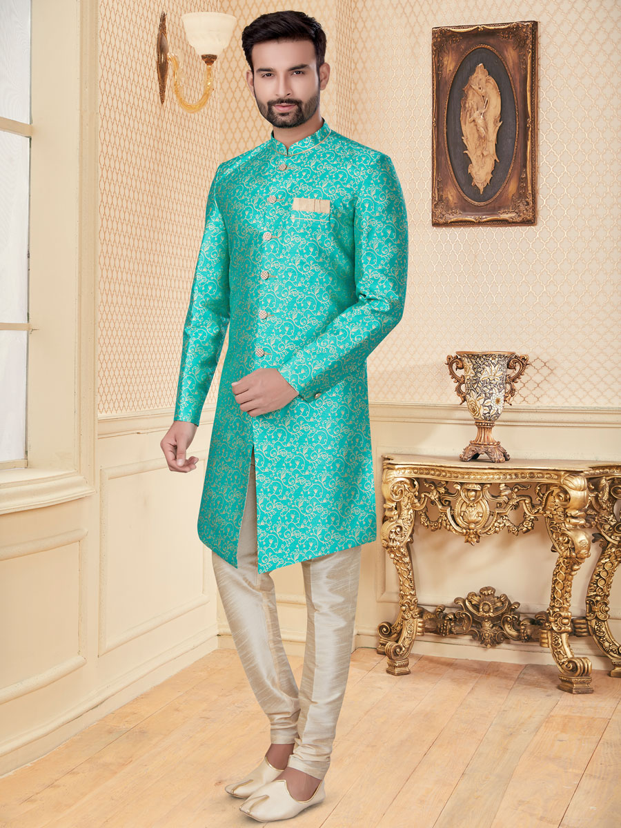 Robin-Egg Blue Jacquard Embroidered Festival Sherwani