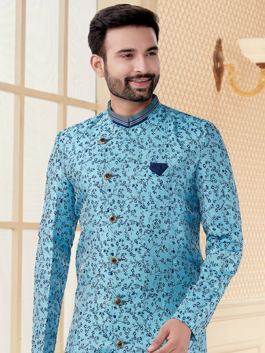 Sky Blue Jacquard Embroidered Festival Sherwani