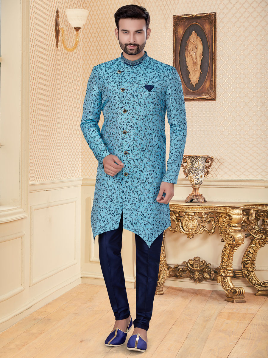 Sky Blue Jacquard Embroidered Festival Sherwani