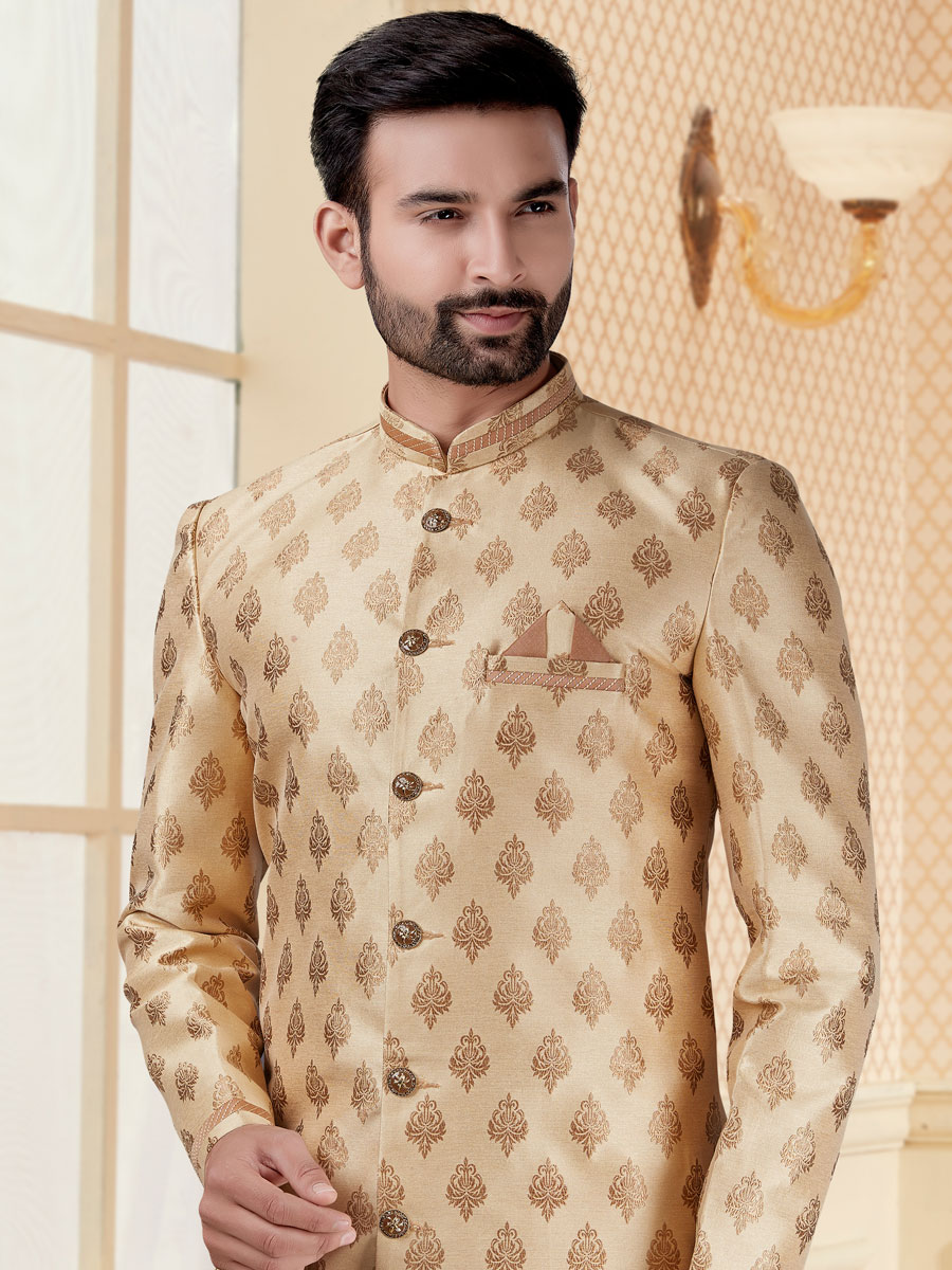 Golden Yellow Jacquard Handwoven Festival Sherwani