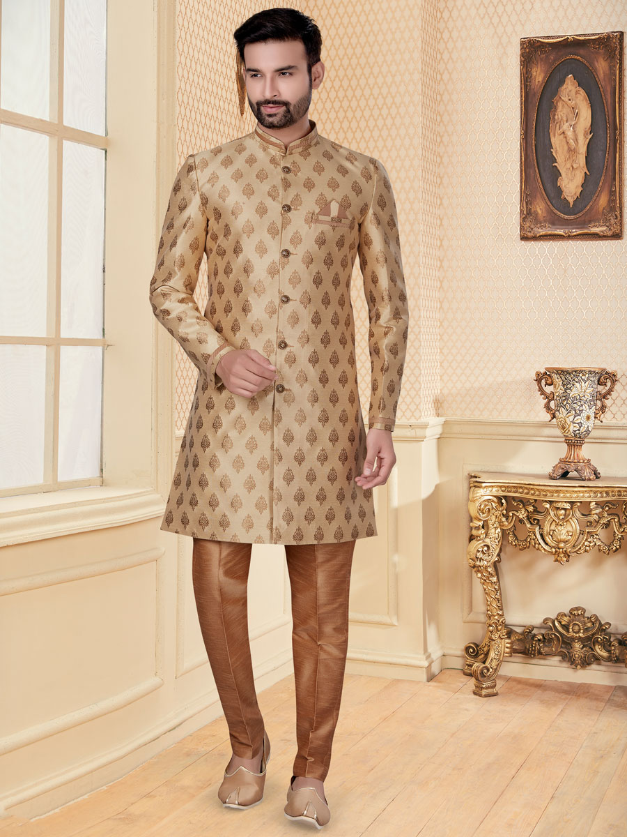 Golden Yellow Jacquard Handwoven Festival Sherwani