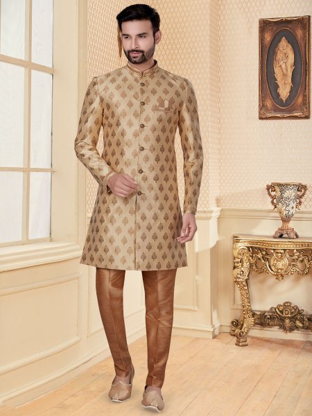 Golden Yellow Jacquard Handwoven Festival Sherwani