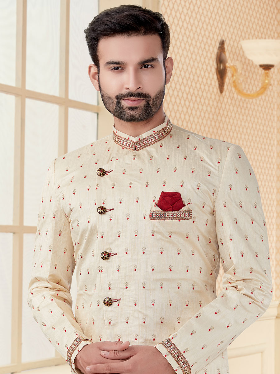 Cream Yellow Jacquard Embroidered Festival Sherwani
