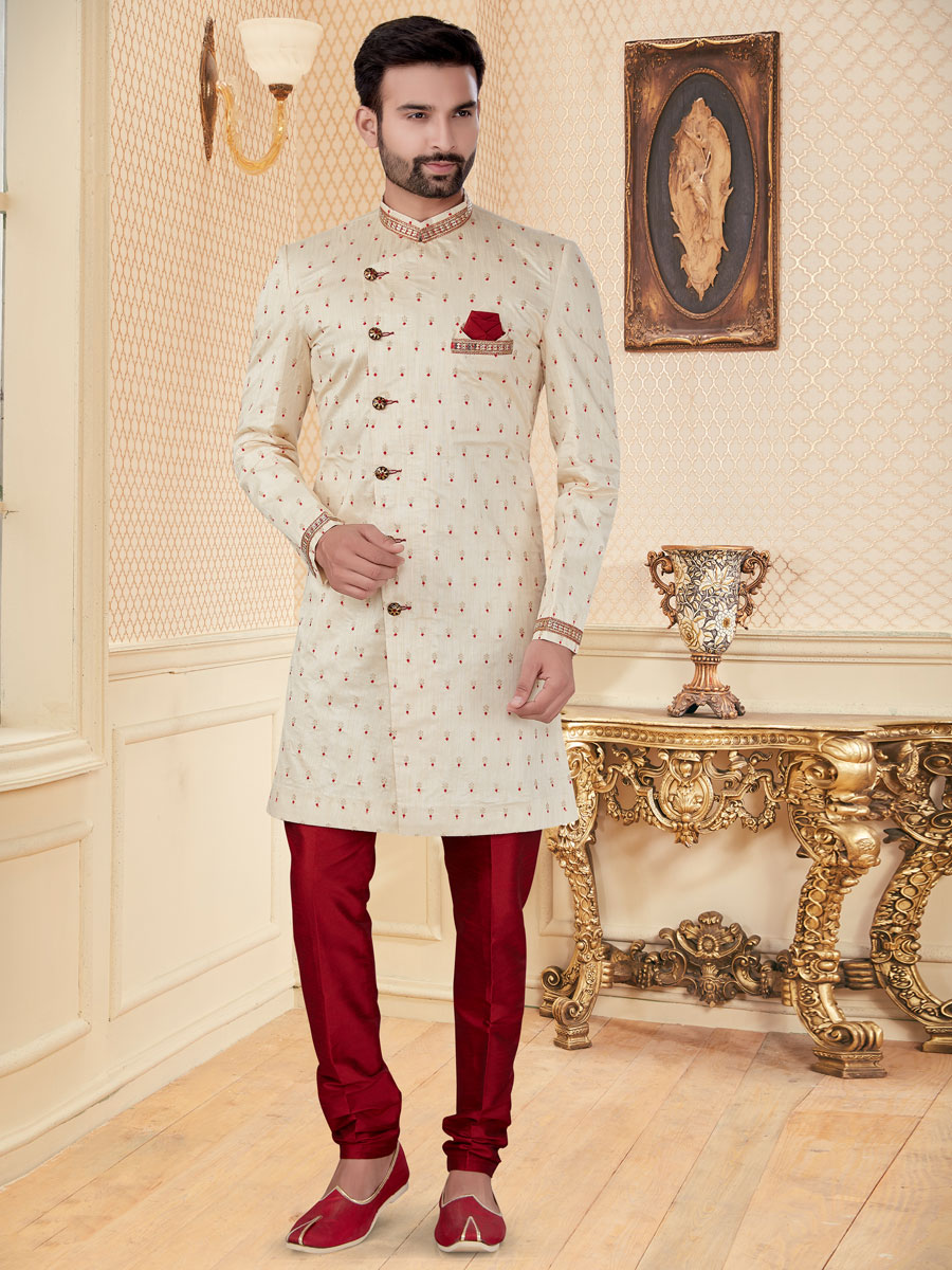 Cream Yellow Jacquard Embroidered Festival Sherwani