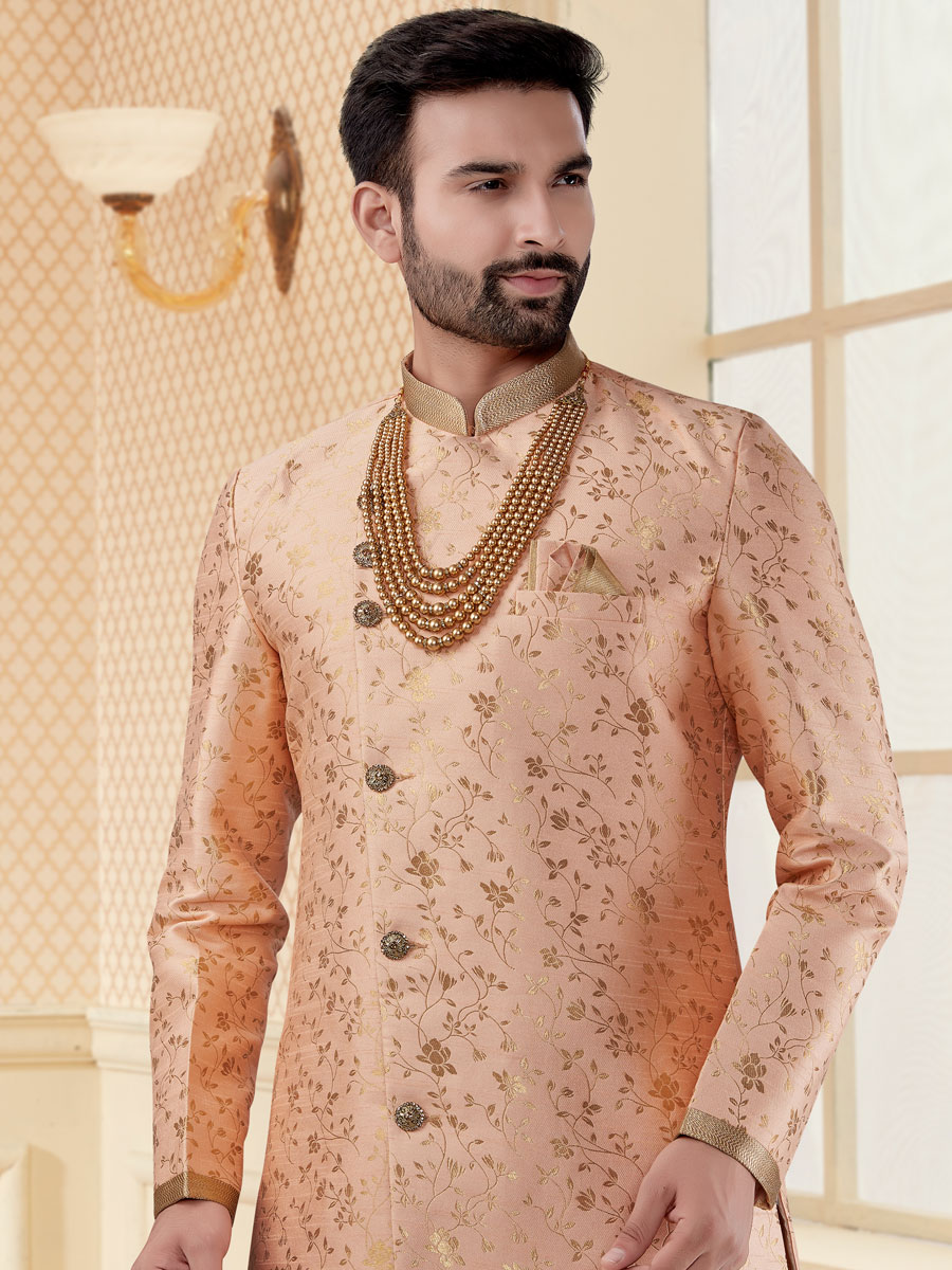 Coral Pink Jacquard Handwoven Festival Sherwani