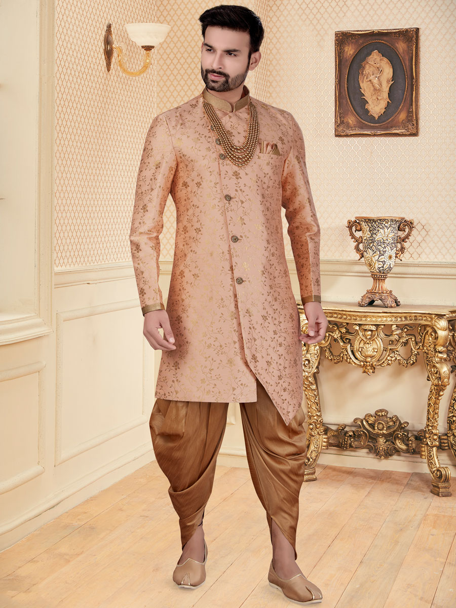 Coral Pink Jacquard Handwoven Festival Sherwani