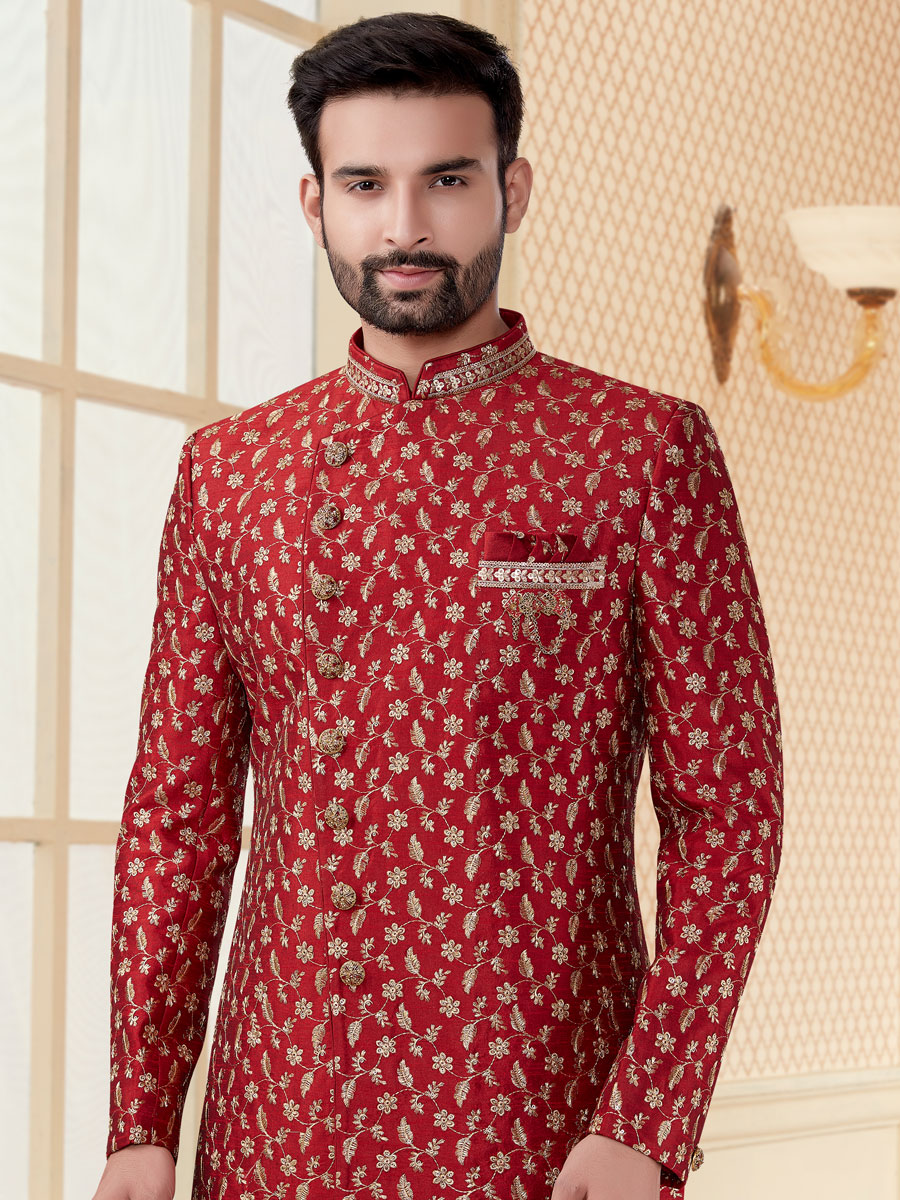 Maroon Jacquard Embroidered Festival Sherwani