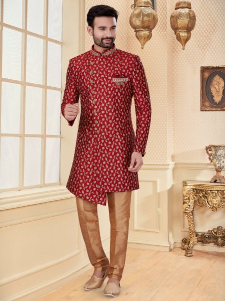 Maroon Jacquard Embroidered Festival Sherwani