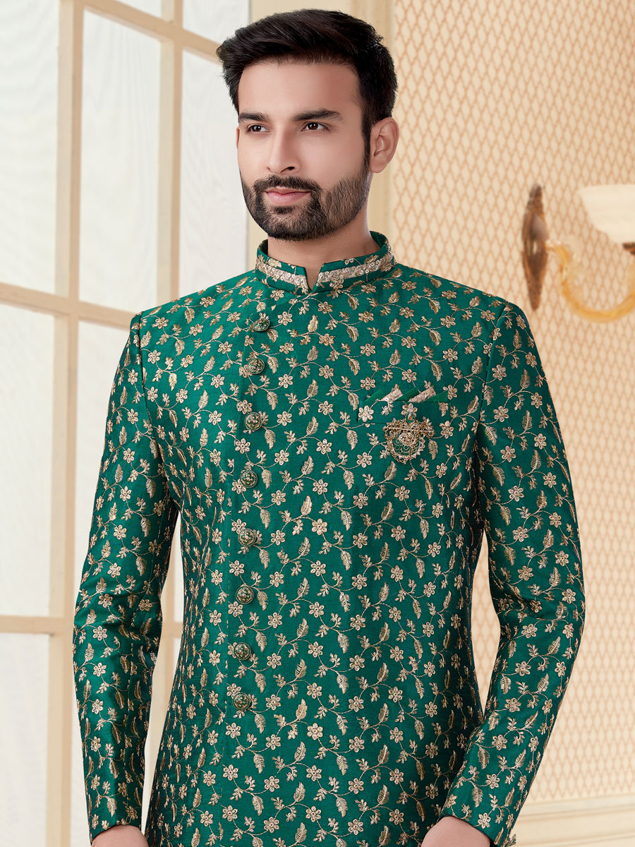 Pine Green Jacquard Embroidered Festival Sherwani