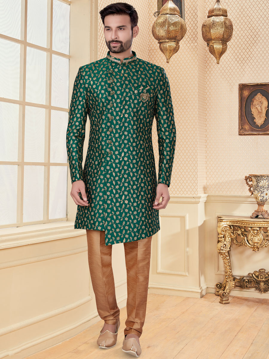 Pine Green Jacquard Embroidered Festival Sherwani