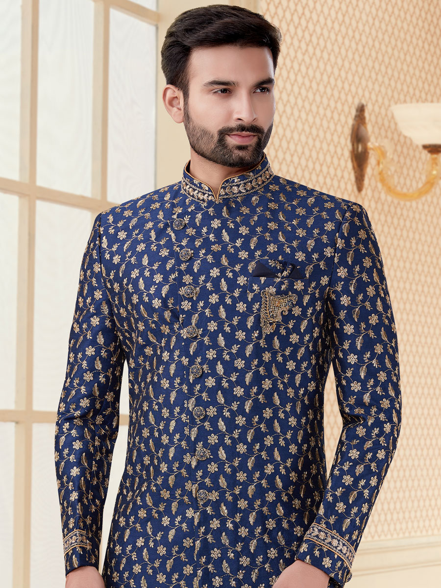 Navy Blue Jacquard Embroidered Festival Sherwani
