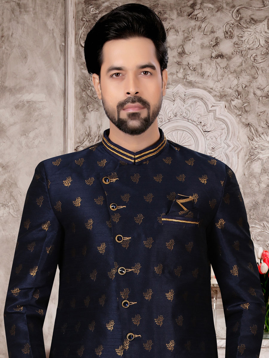 Sapphire Blue Dupion Silk Embroidered Festival Sherwani