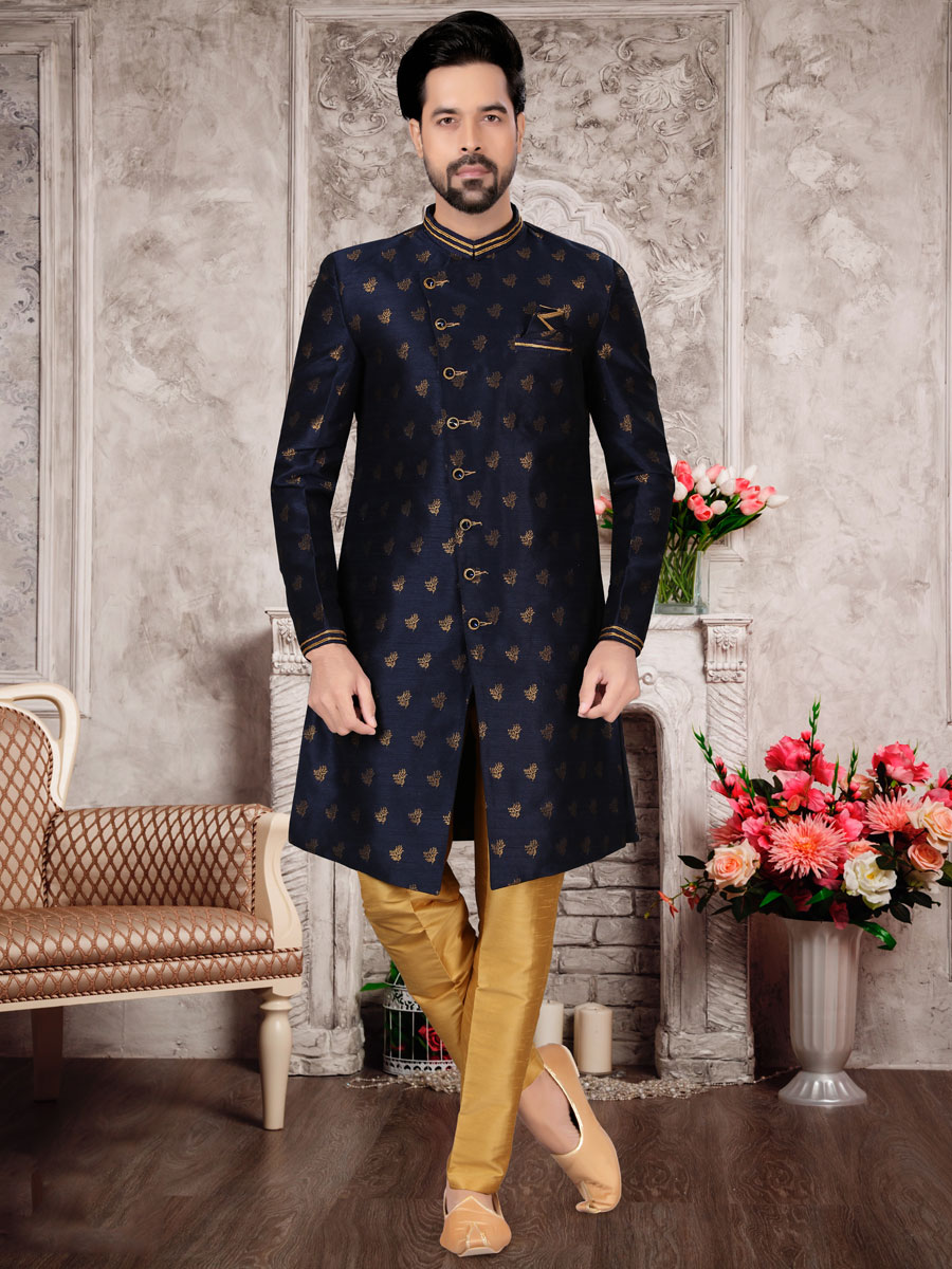 Sapphire Blue Dupion Silk Embroidered Festival Sherwani