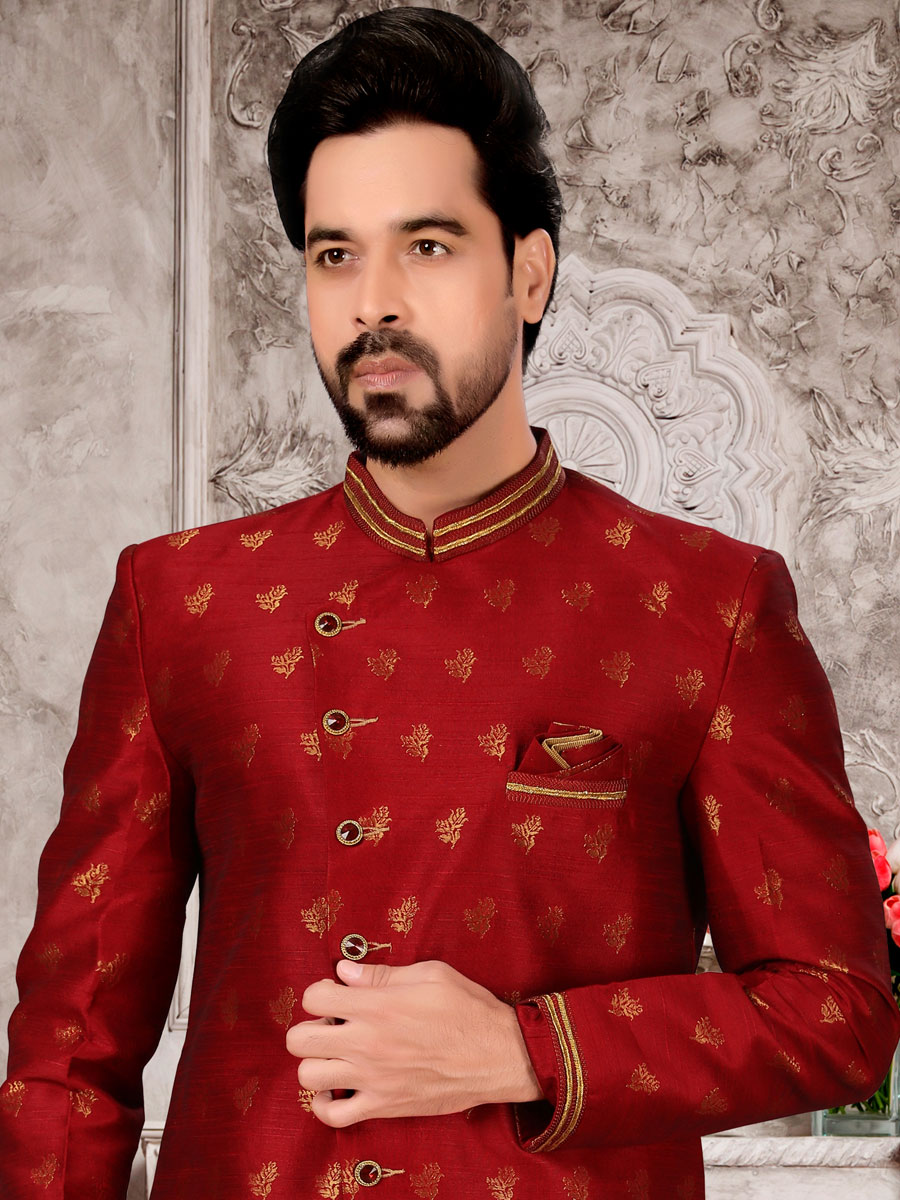 Venelian Red Dupion Silk Embroidered Festival Sherwani