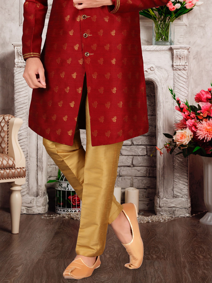 Venelian Red Dupion Silk Embroidered Festival Sherwani