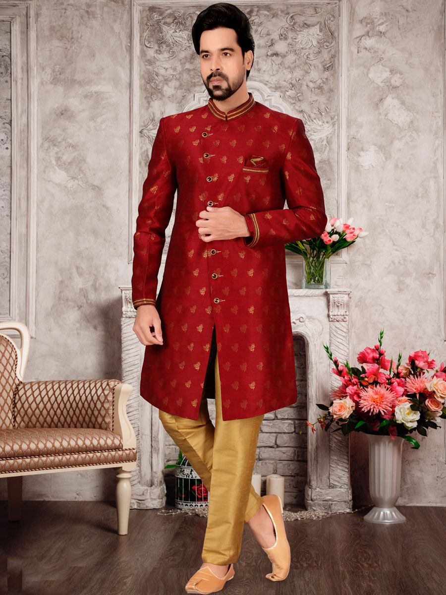 Venelian Red Dupion Silk Embroidered Festival Sherwani