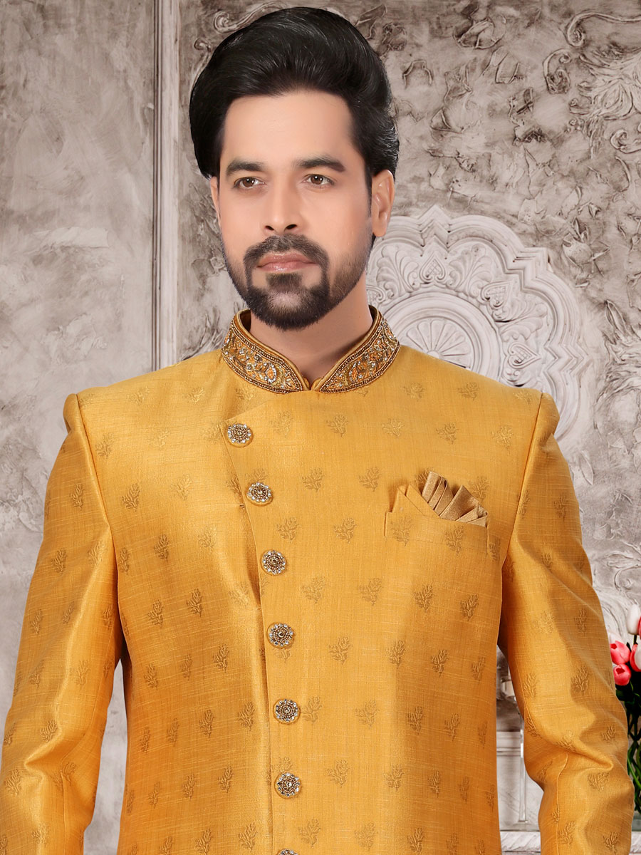 Gamboge Orange Dupion Silk Embroidered Festival Sherwani