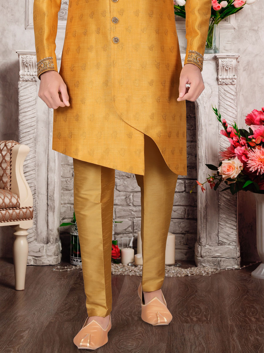 Gamboge Orange Dupion Silk Embroidered Festival Sherwani