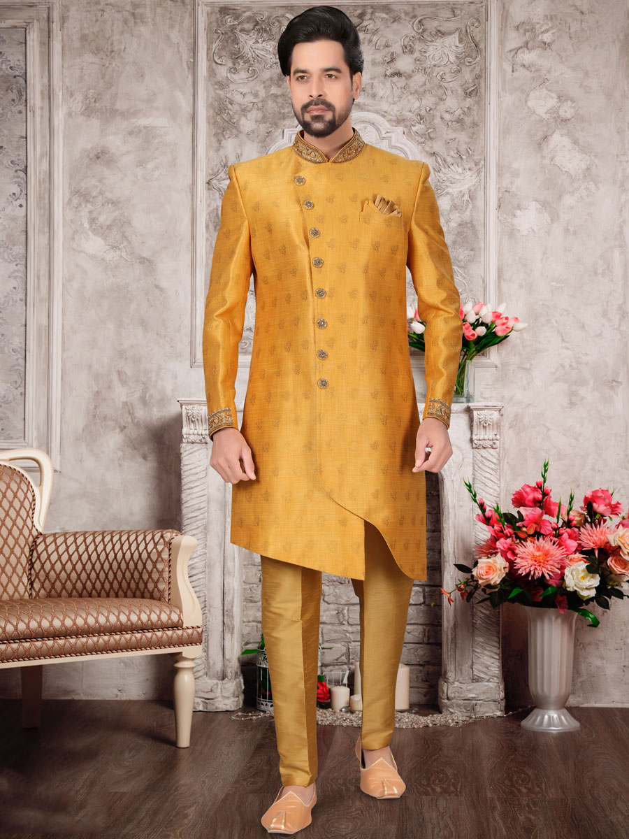 Gamboge Orange Dupion Silk Embroidered Festival Sherwani