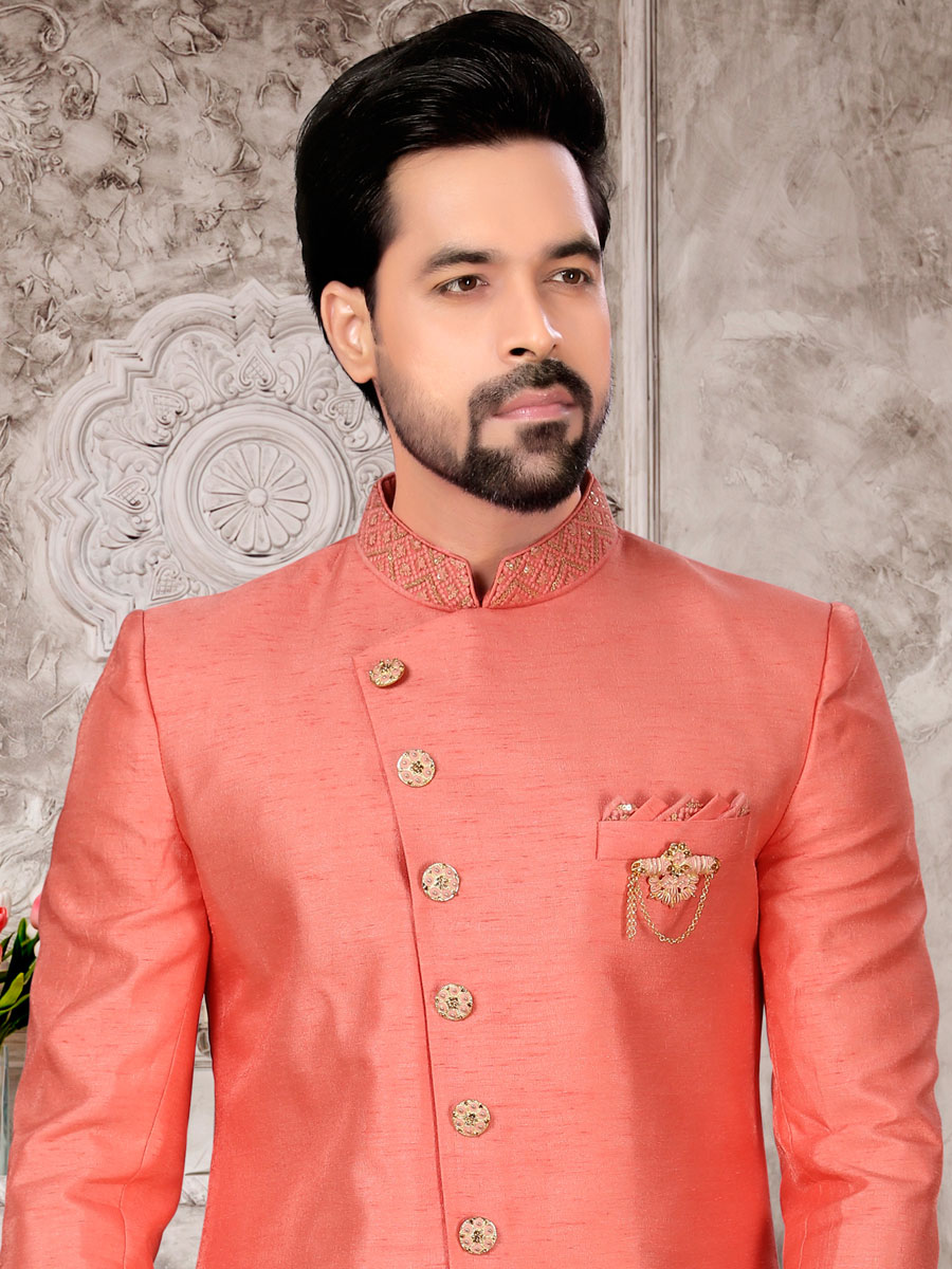 Salmon Orange Dupion Silk Embroidered Festival Sherwani