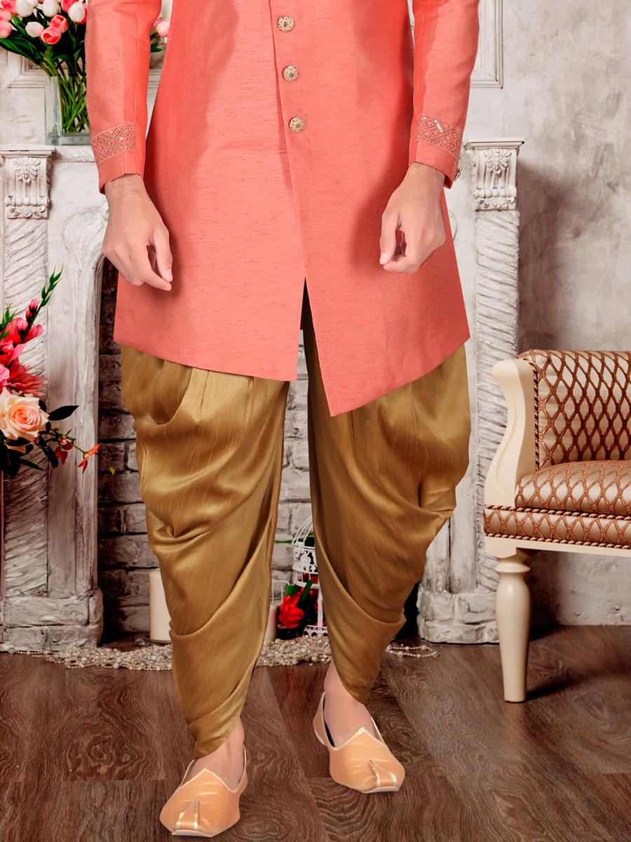 Salmon Orange Dupion Silk Embroidered Festival Sherwani