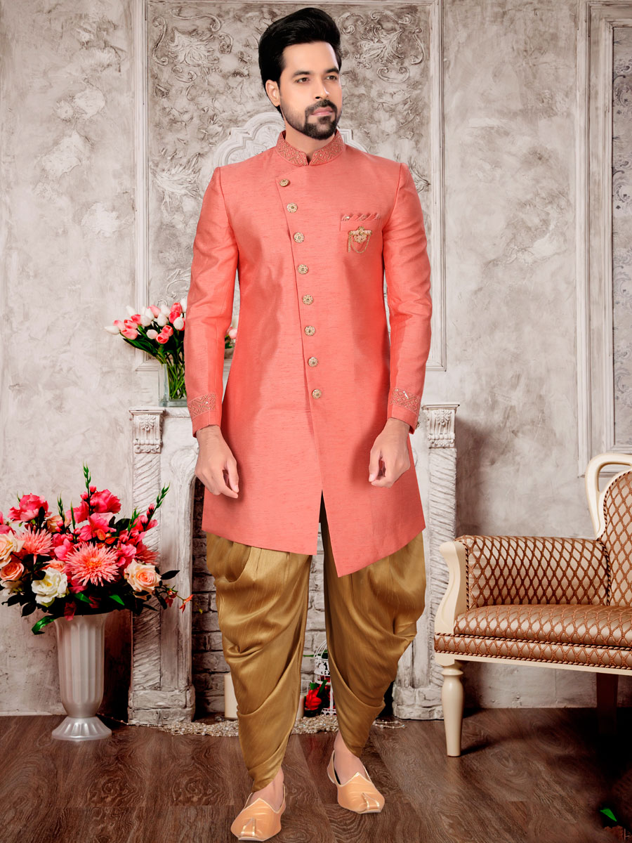 Salmon Orange Dupion Silk Embroidered Festival Sherwani